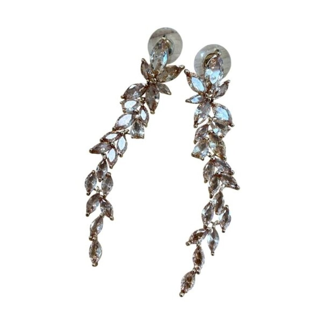 Rose Gold Crystal‎ Leaf Dangle Earrings Long Drop Bridal Jewelry Statement Prom